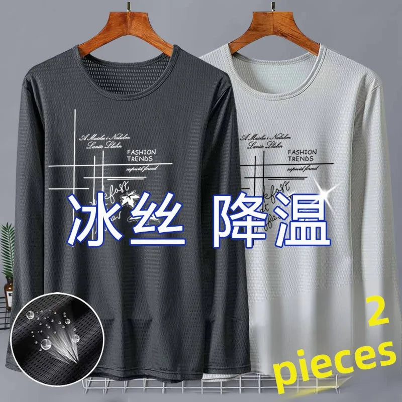 New 2025 Men's Ice Silk Breathable Sun Protection Hollow out Thin Long Sleeve Casual Sports T-Shirt Large Size Loose Fit