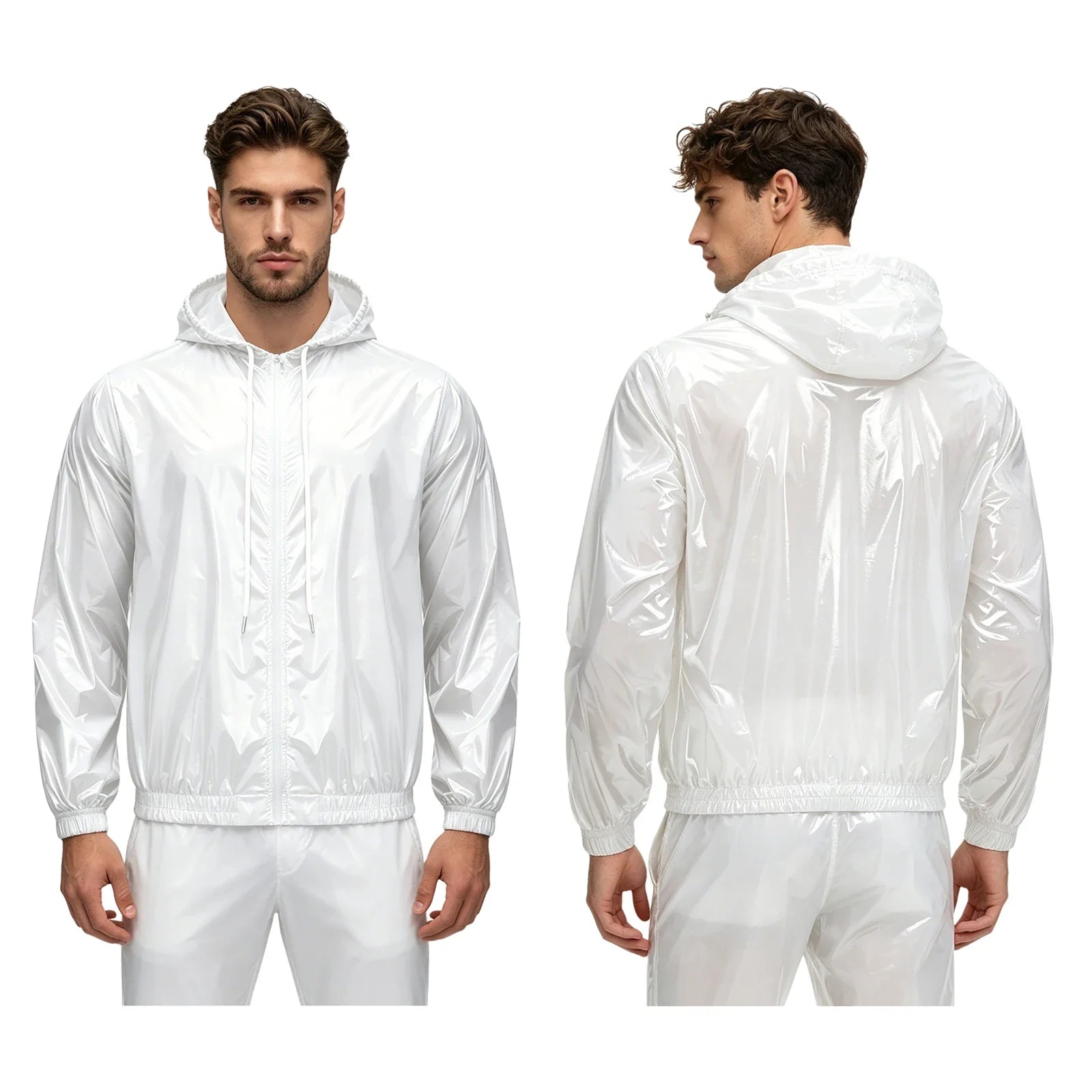 Mens Waterproof Hooded Raincoat Long Sleeve Front Zipper Rain Jacket Windbreaker with Drawstring Hood for Hiking Fishing Biking