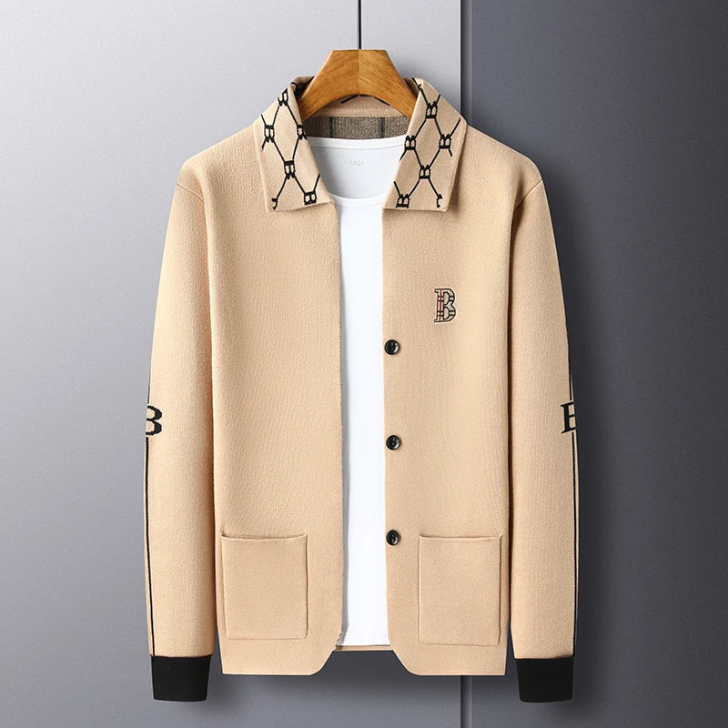Luxury Brand Men's Autumn Winter Lapel Embroidered Sweater Coat Fashionable Business Three-dimensional Pocket Warm Knitted Jacke