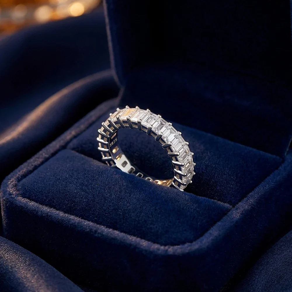 Emerald Cut Moissanite Eternity Ring 925 Sterling Silver Wedding Band D VVS Lab Grow Created Moissanite Rings for Women