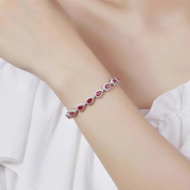 Trendy S925 Sterling Silver Full Ruby Tennis Bracelet for Women Girls Pear Cut Gemstones Link Bracelets Party Fine Jewelry