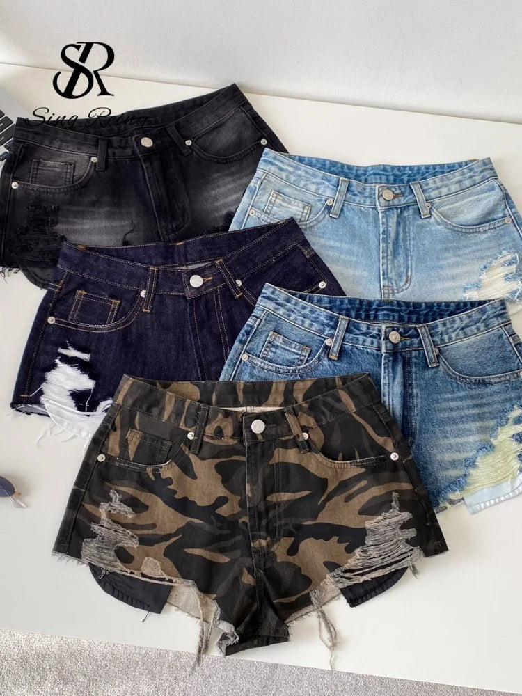 SINGREINY American Retro Camouflage Mini Shorts 2026 Ladies Hollow Out Slim Beach Pants Hot Girl Sexy Print Denim Shorts