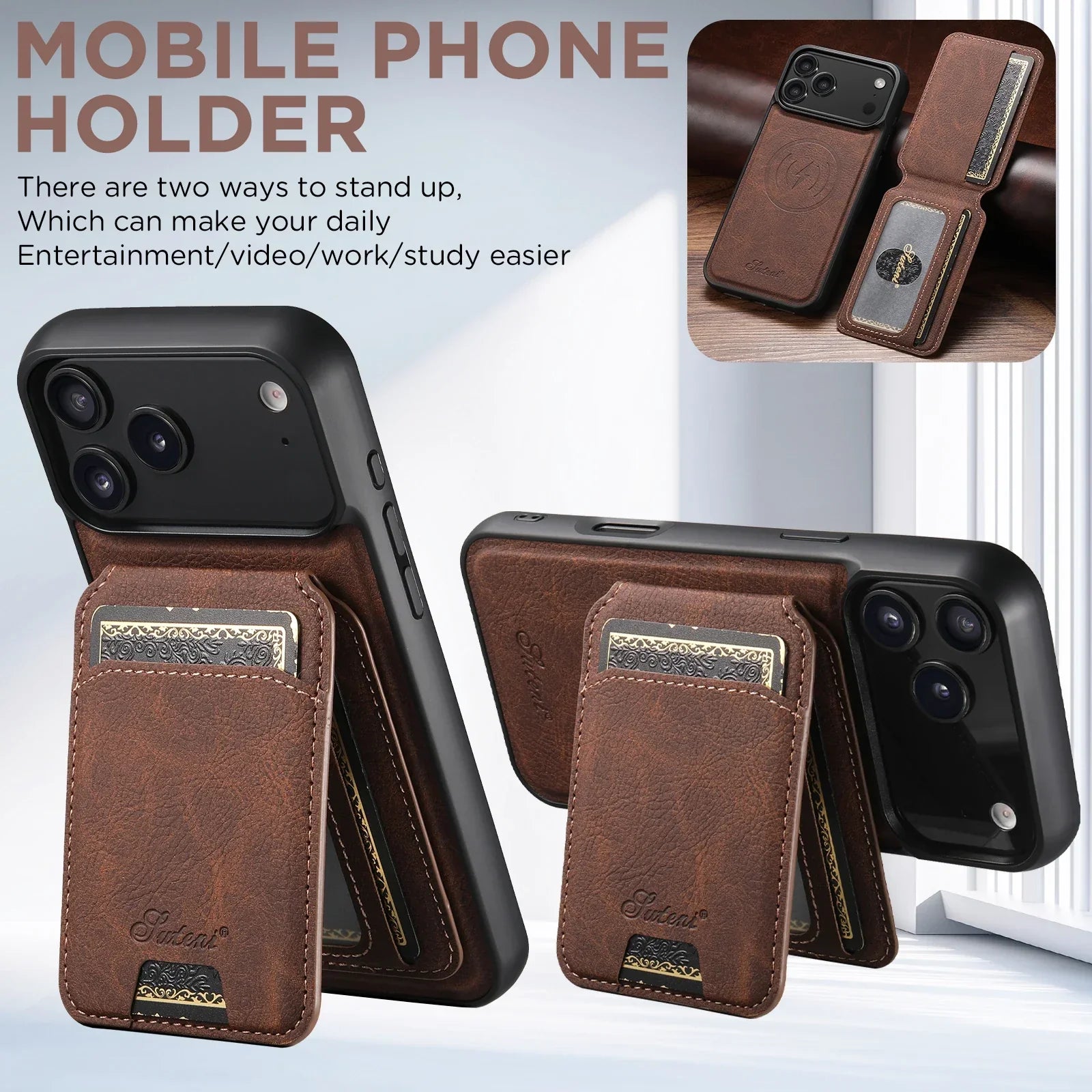 SUTENI Wireless Charging Phone Case Magnet Card Holder Stand Faux Leather For iPhone 17 Pro Max 16 Plus 15 14 13 12