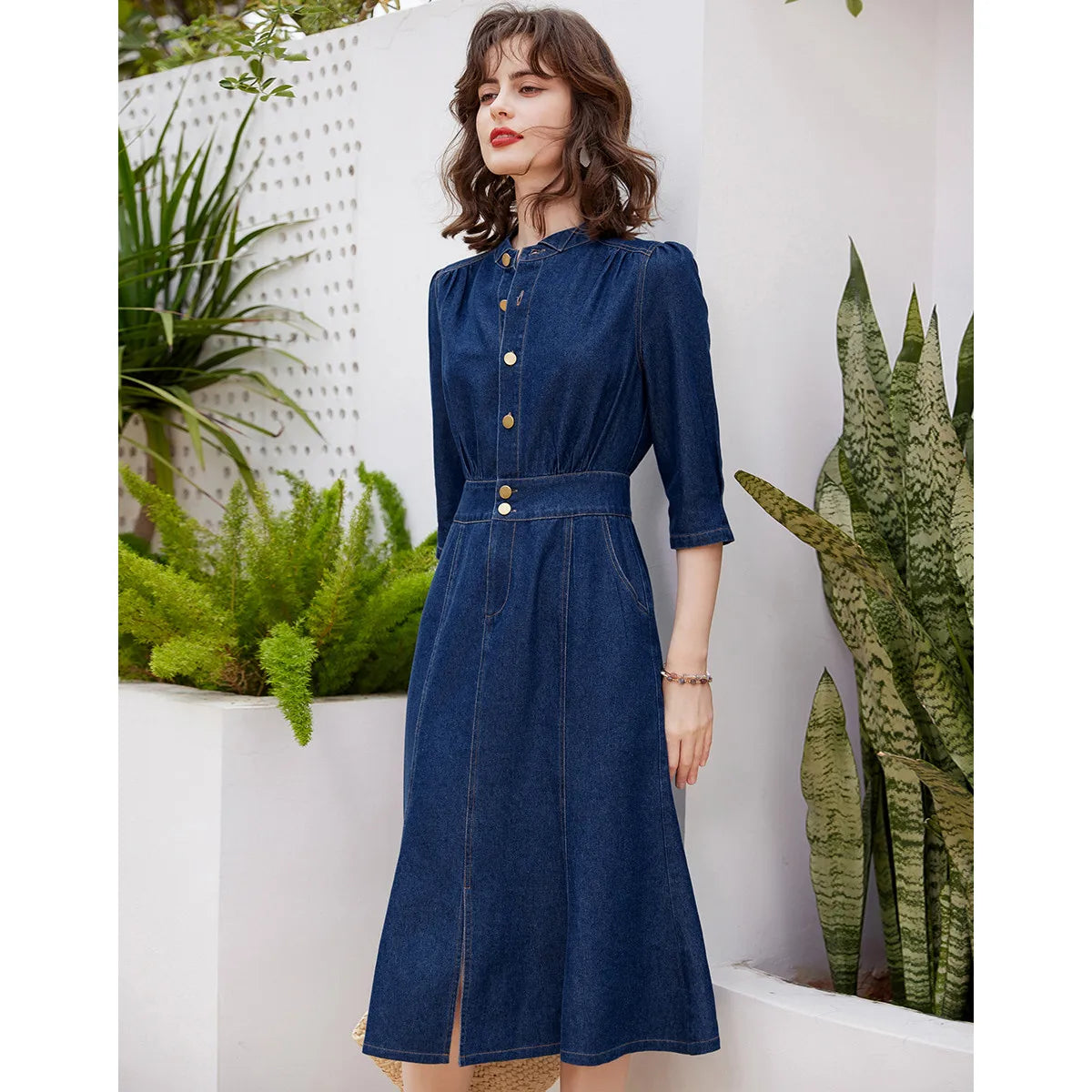Women Denim Dress Retro Style Casual 2024 Spring Round Neck Three-quarter Sleeve Slim Fit A-line Fishtail Dress