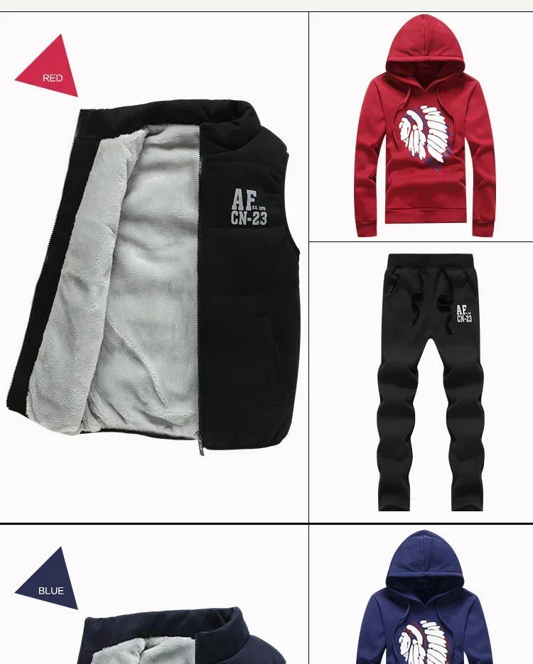 3 Pieces Set Hoodies+Vest+Pants Casual Track Suit Clothing Coats Winter Thick Warm Tracksuit for Couple Printed Mens Set Vest