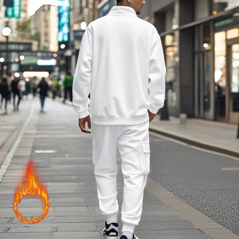 2024 autumn and winter men's casual velvet warm zipper sports trousers set