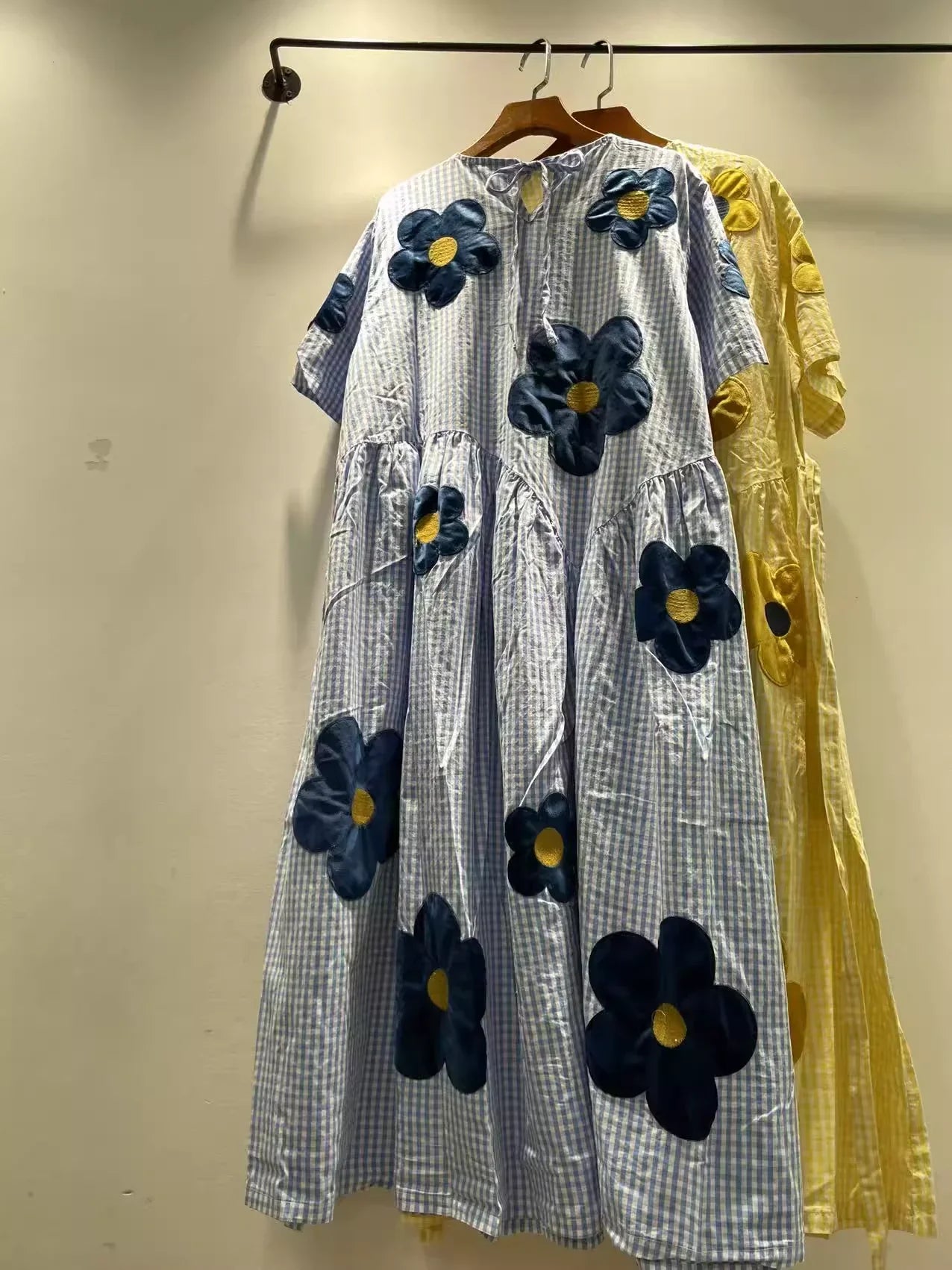 2026 girl sweet blue yellow striped floral embroider patchwork dress for women summer Japan style 100% cotton long dress