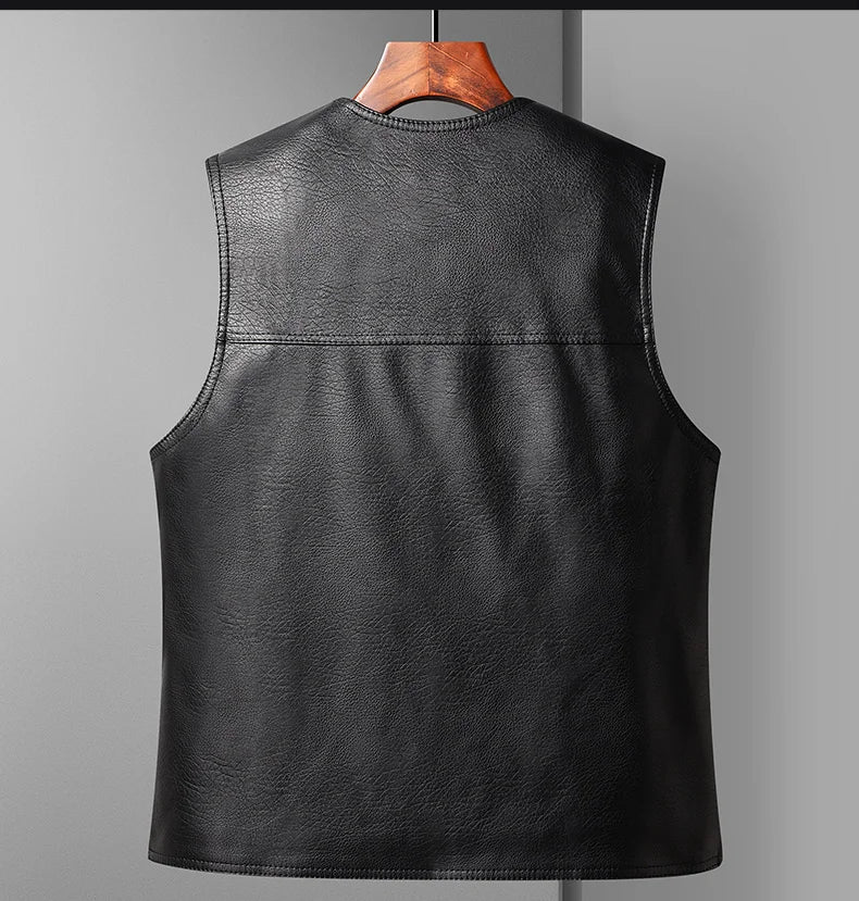 2024 Winter Men Thick Warm Fleece Leather Vest Coat  Male V-Neck Single Breasted Vest Casual Male Clothing Outerwear