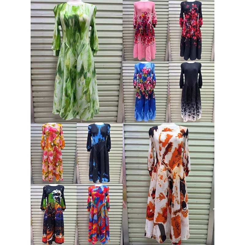 Miyake Pleated Dresses 2026 Autumn New Gentle French Print Elegant Stretch Plus Size Women's Long Sleeve Bounce Flower Bud Dress