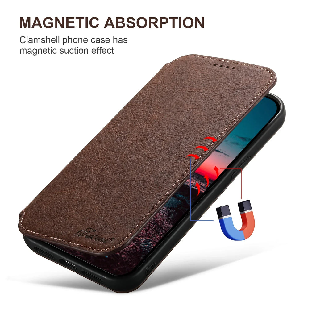 SUTENI Compatible Wireless Charging Leather Phone Case For iPhone 12 13 14 15 16 Plus 17 Pro Max Flip Cover Wallet Card Holder