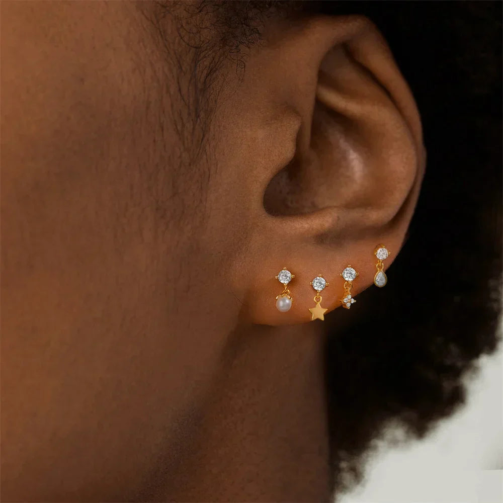 925 Sterling Silver Star/Flower/Pearl Zircon Dangle Earrings For Women 1pc Simple Earrings For Women Girl Wedding Gift