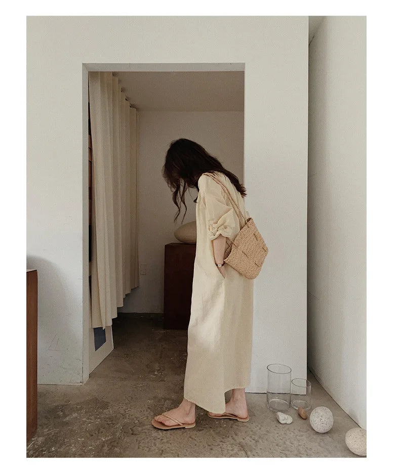 Vintage 100% Cotton Women Dress V Neck Long Sleeve Korean Jananse Pajama Dresses Ladies Comfortable Homewear Wearable Outside