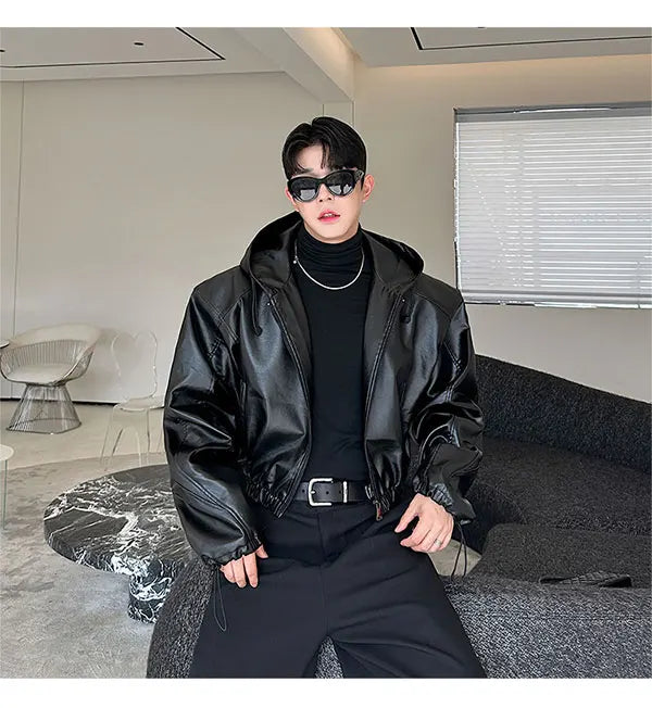 Spring Autumn Short Waterproof Black Pu Leather Jacket Men Hood Zipper High Waist Loose Casual Korean Fashion 2025