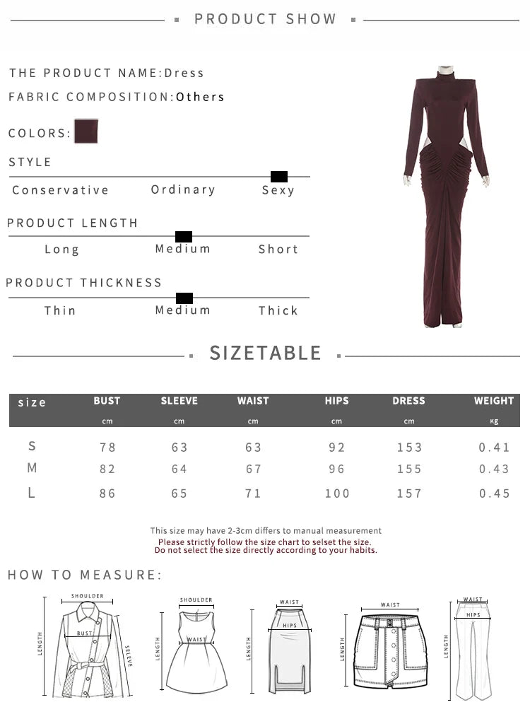 Hipster Waistless Ruched Elegant Dress Woman Autumn Style Turtleneck Full Sleeve Hollow Design Prom Party Long Bodycon