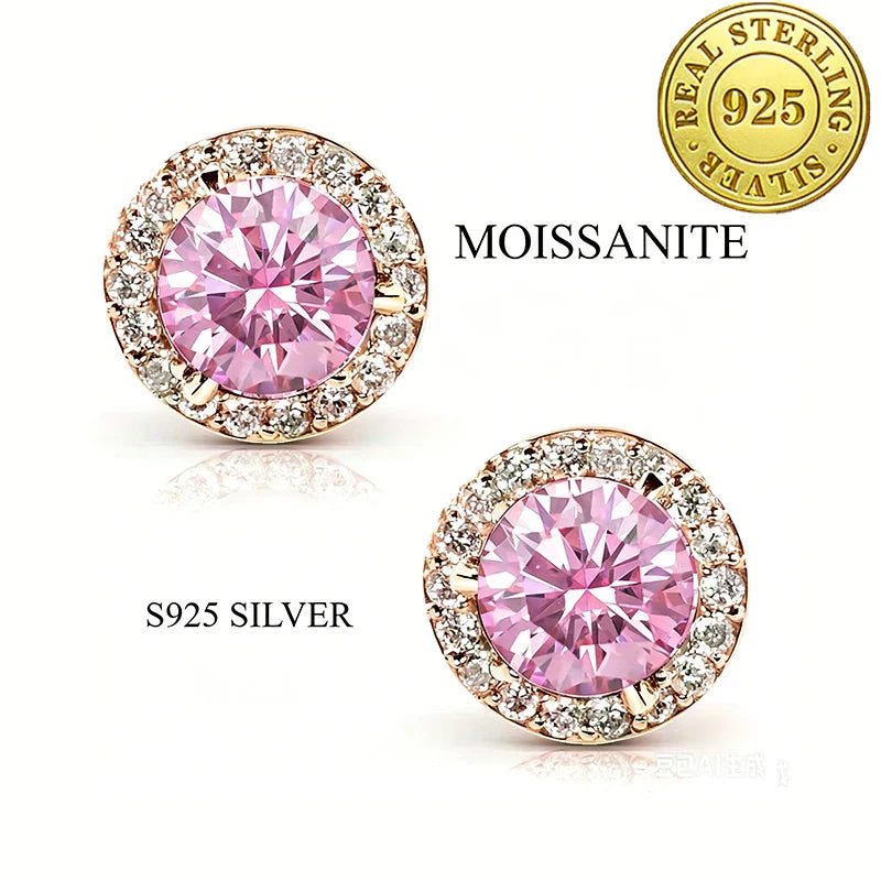 100% moissanite 925 Sterling Silver 6.5mm halo stud earring rose gold  Ear  Jewelry with GRA  pink moissanite earring for women