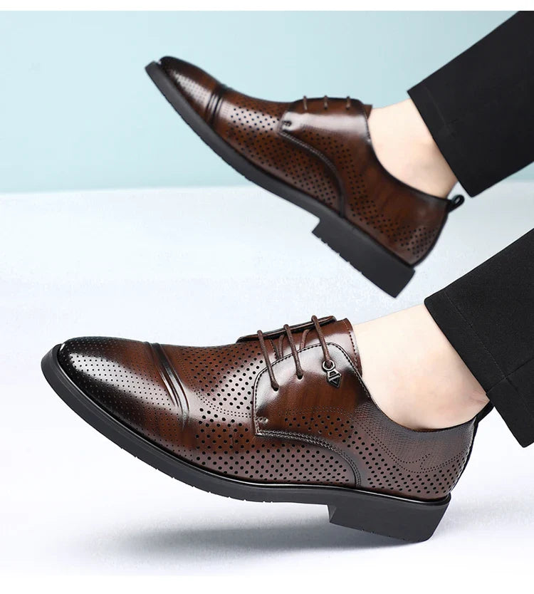 Men's Summer Breathable Leather Shoes Hollow out Fashionable Slip-On Comfortable Anti-Slip Soft Bottom Derby Shoes-SJ2501-1
