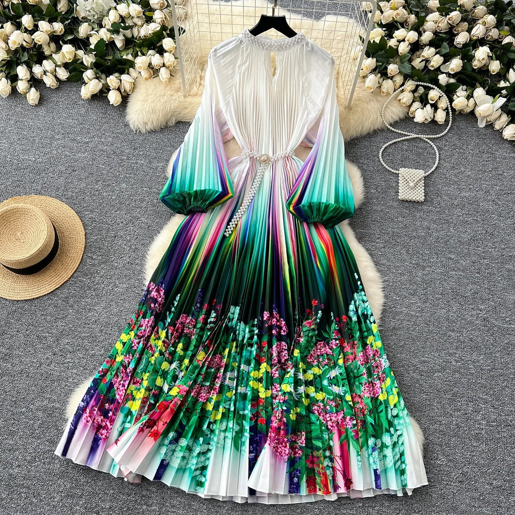 High-End Women's Dr Faionable Beaded round Ne Hollow out Pleated Lantern Sve Waist Cinched Floral Print Lon...