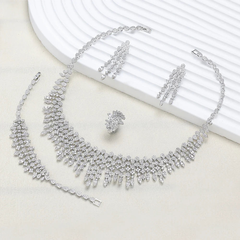 2024 New 4-piece Bride Zirconia Full Set Women's Party Jewelry, Luxury Dubai Nigeria CZ Luxury Crystal Wedding Necklace Set