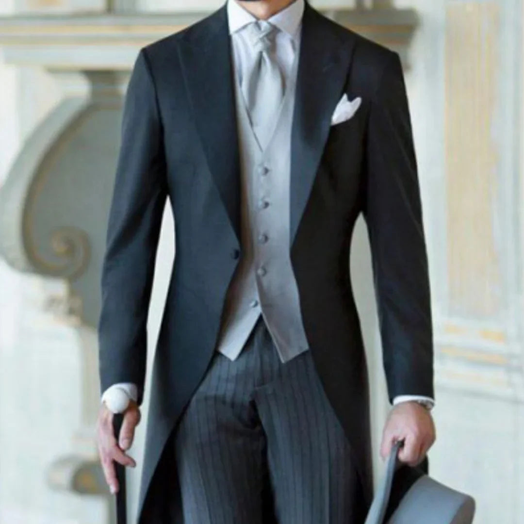 Men Suit 3 Pieces Black With Lapel Business Casual Fit Wedding Banquet Work Tuxedos Jacket Silver Vest With Grey Striped Pants