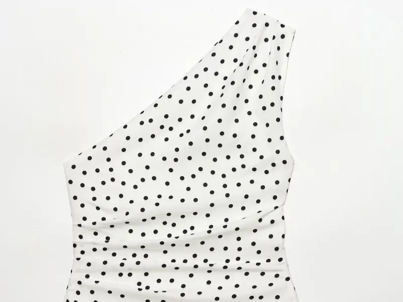 Women One Shoulder Sleeveless Polka Dot Mini Dress Ruched Waist Ruffle Hem Elegant Casual Party Short Dress Spring Summer