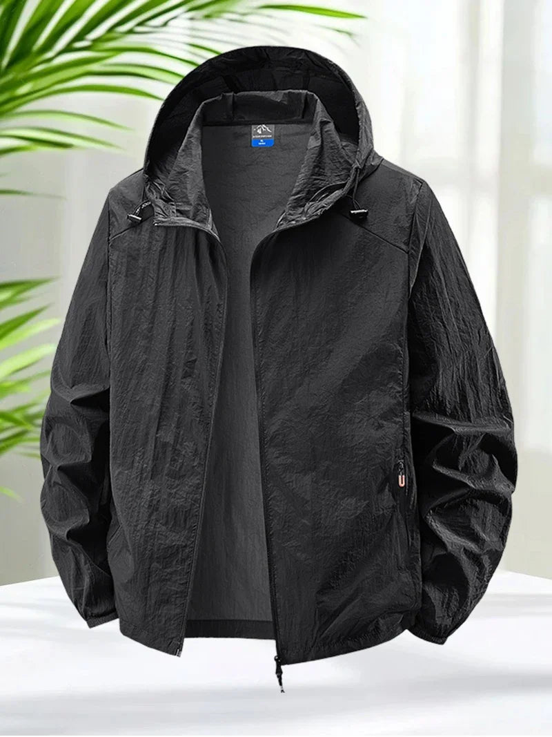 Men's Hooded Sun Protection Jacket Lightweight Outdoor Windbreaker Quick Dry Breathable UV Coat for Hiking Running Travel Beach