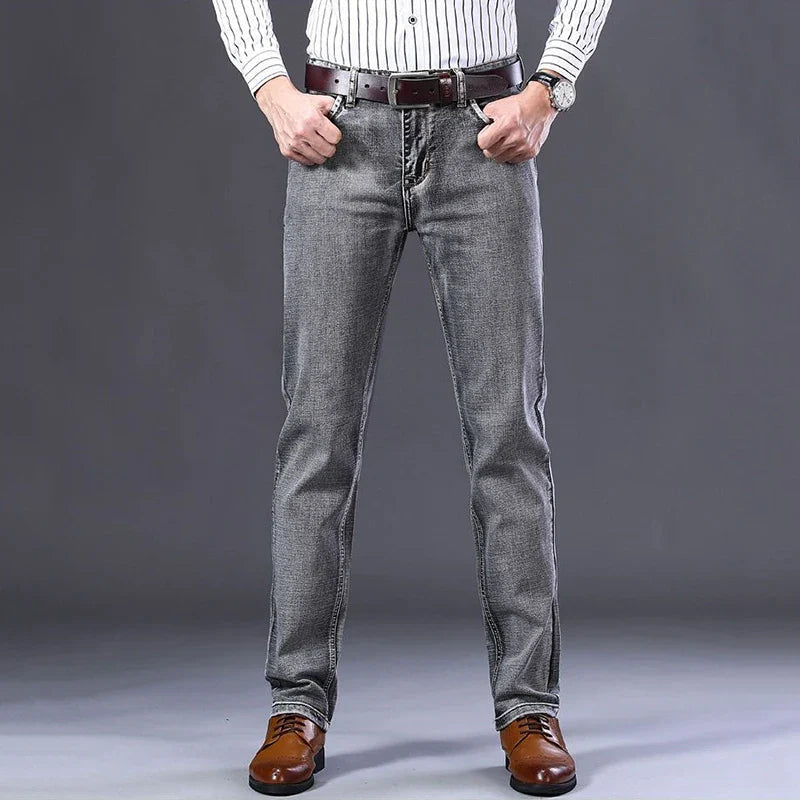 2025 New Men's Stretch Regular Fit Jeans Business Casual Classic Style Fashion Denim Trousers Male Black Blue Gray Pants