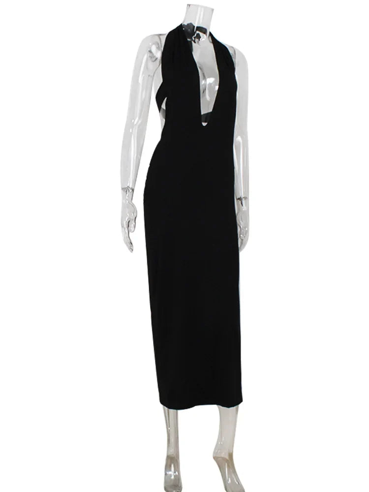 Fashion Halter Women's Maxi Dresses Solid Deep V-Neck Sleeveless Blackless Bandage Sheath Bodycon Party Vestidos Robes