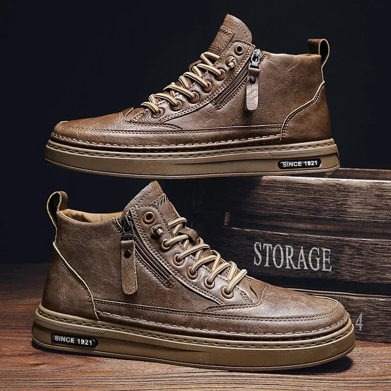 Leather Boots Men Spring High Casual Shoes for Men Trend Zipper Walk Flats Winter Shoes Vulcanized Ankle Boots New Zapatillas552