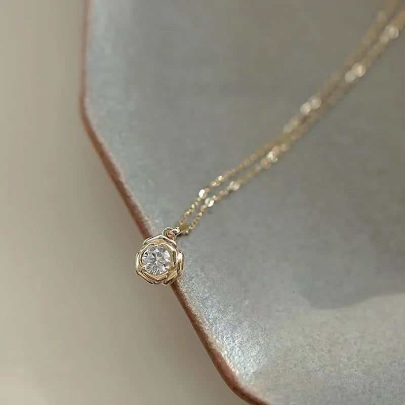 925 Sterling Silver Plated 14k Gold Shiny Zircon Flower Necklace for Women Girl Korean Temperament Exquisite Jewelry Gifts