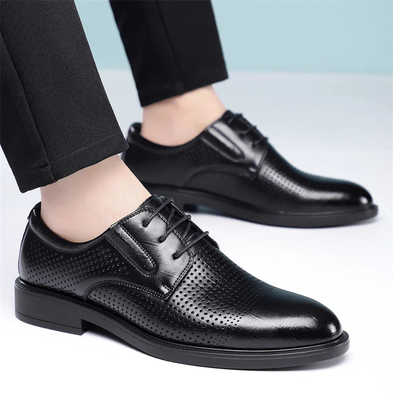 Men's Summer Breathable Leather Shoes British Style Comfortable Soft Business Formal Derby Shoes Hollow out Design-SJ6607-1
