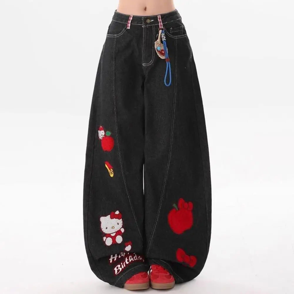 بنطلون أنمي واسع الساقين فضفاض Hello Kitty Sanrios Y2K