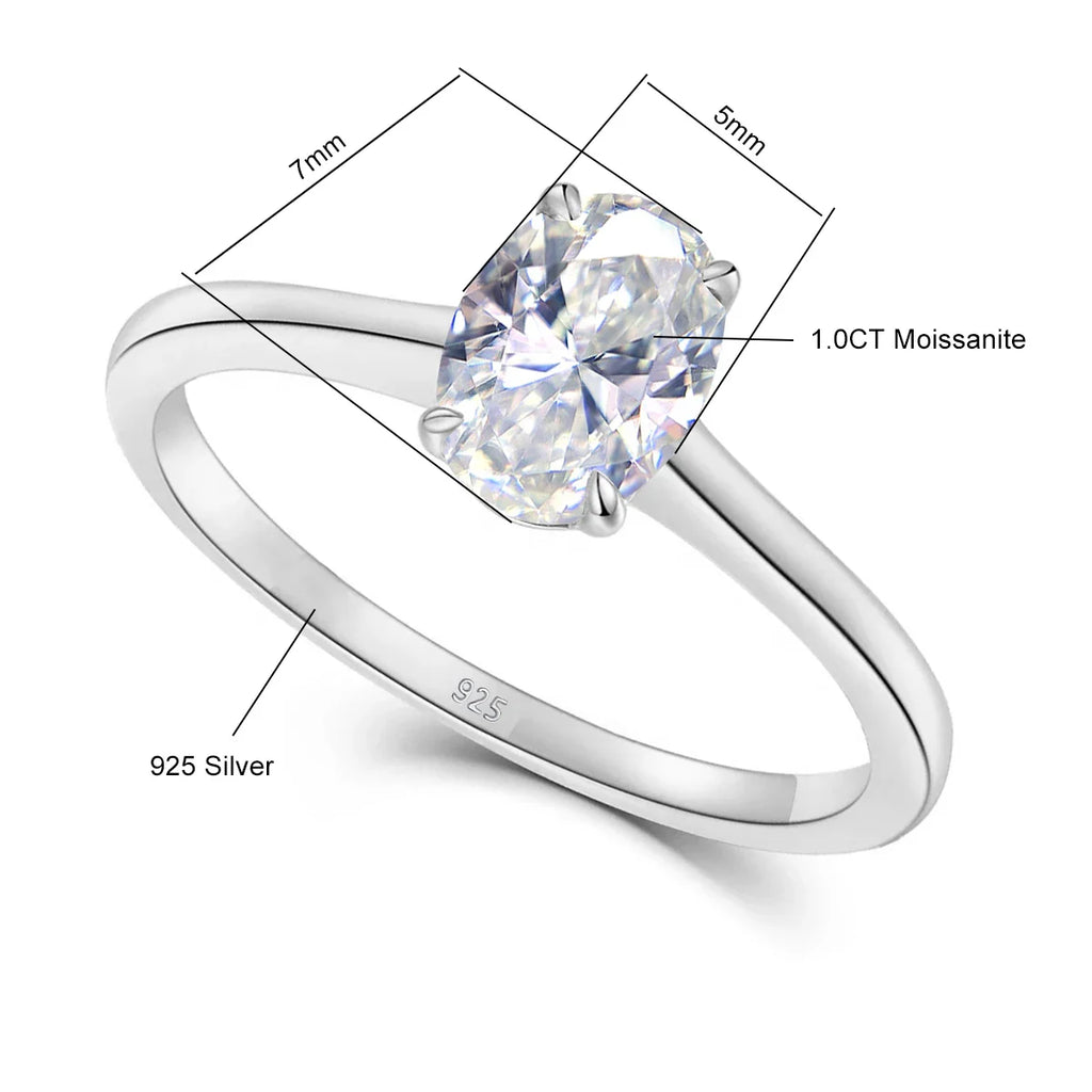 Certified Oval Moissanite Ring 1 Carat 5*7mm Brilliant Stone Solid Sterling Silver 925 Wedding Jewelry For Woman Gift