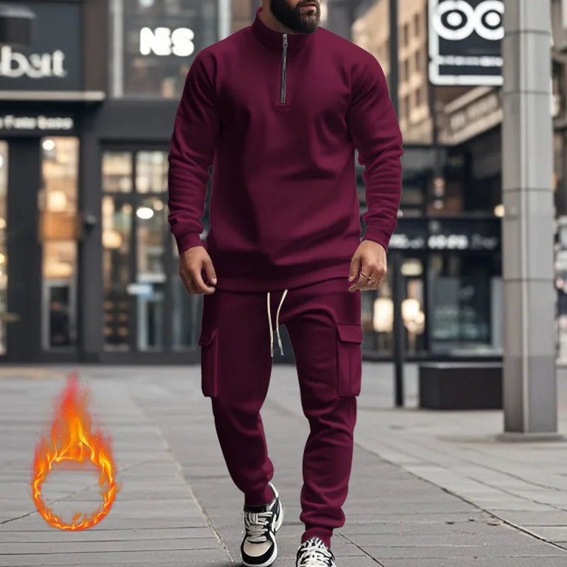 2024 autumn and winter men's casual velvet warm zipper sports trousers set