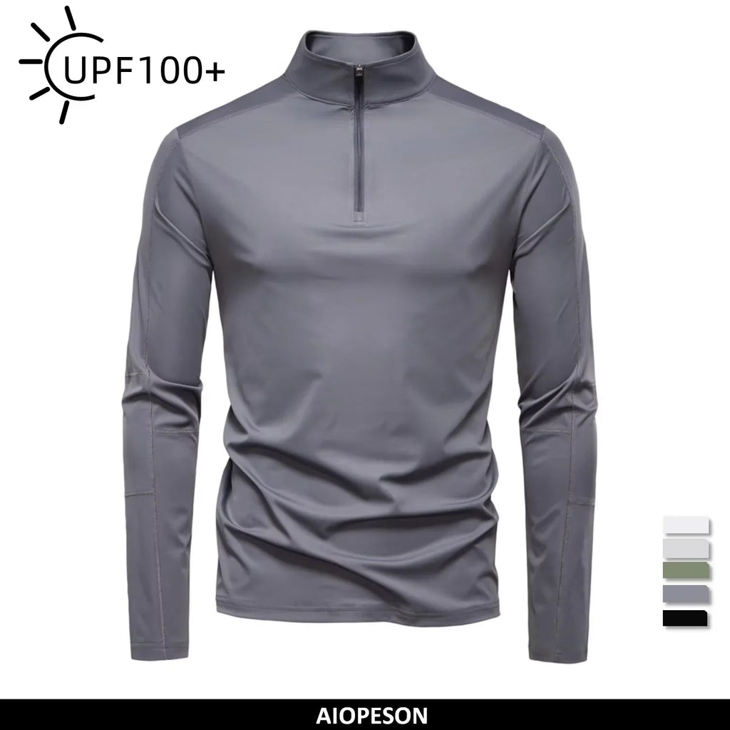 Men's UPF100+ Sun Protection Long Sleeve Shirt Solid Color Zipper Outdoor Shirts Stand Collar Quick Dry T Shirts