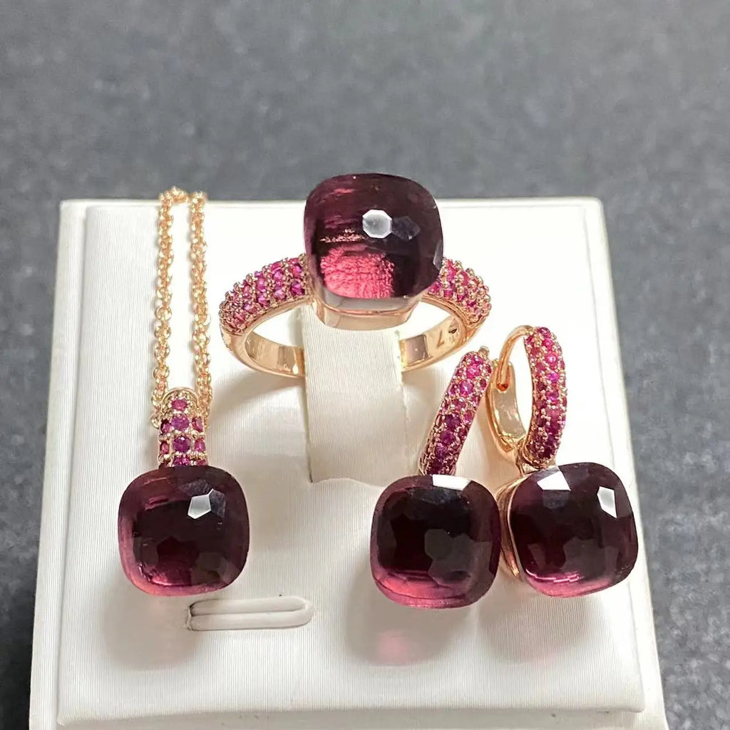 3Pcs/Set Women's Fashion Jewelry Gift Set - Rose Gold Plated Ring Earrings Necklace with Inlay Purple Zircon Crystal