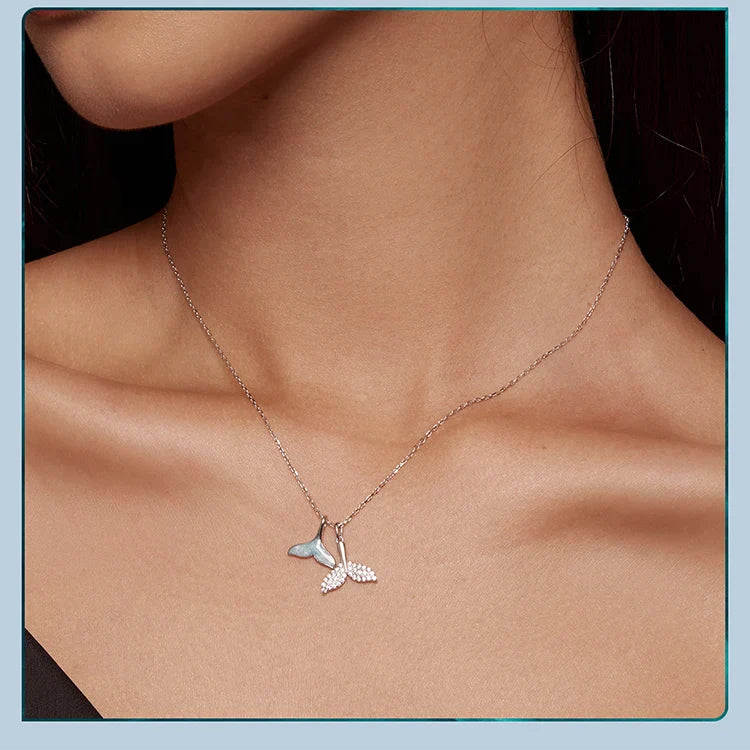 925 Sterling Silver Sky Blue Enamel Whale Tail Pendant Necklace Double Fish Tail Neck Chain for Women Fine Jewelry BSN294