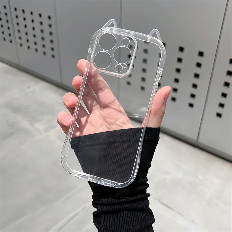 Cute Cat 3D Ears Transparent Phone Case For iPhone 17 Pro Max Air 16 15 13 11 12 14 Plus Soft Clear TPU Back Cover Shell