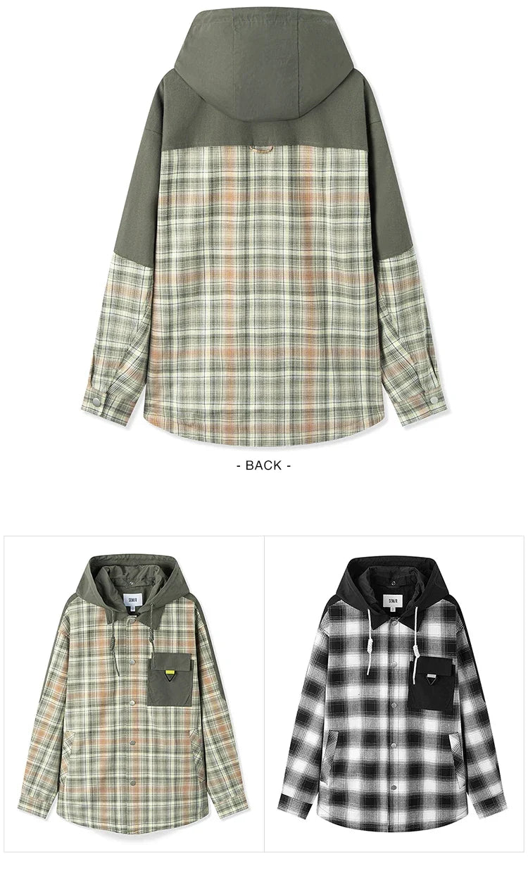 Outerwear Men 2024 Spring New Patchwork Contrast Color Checkered Top Detachable Hooded Fashionable