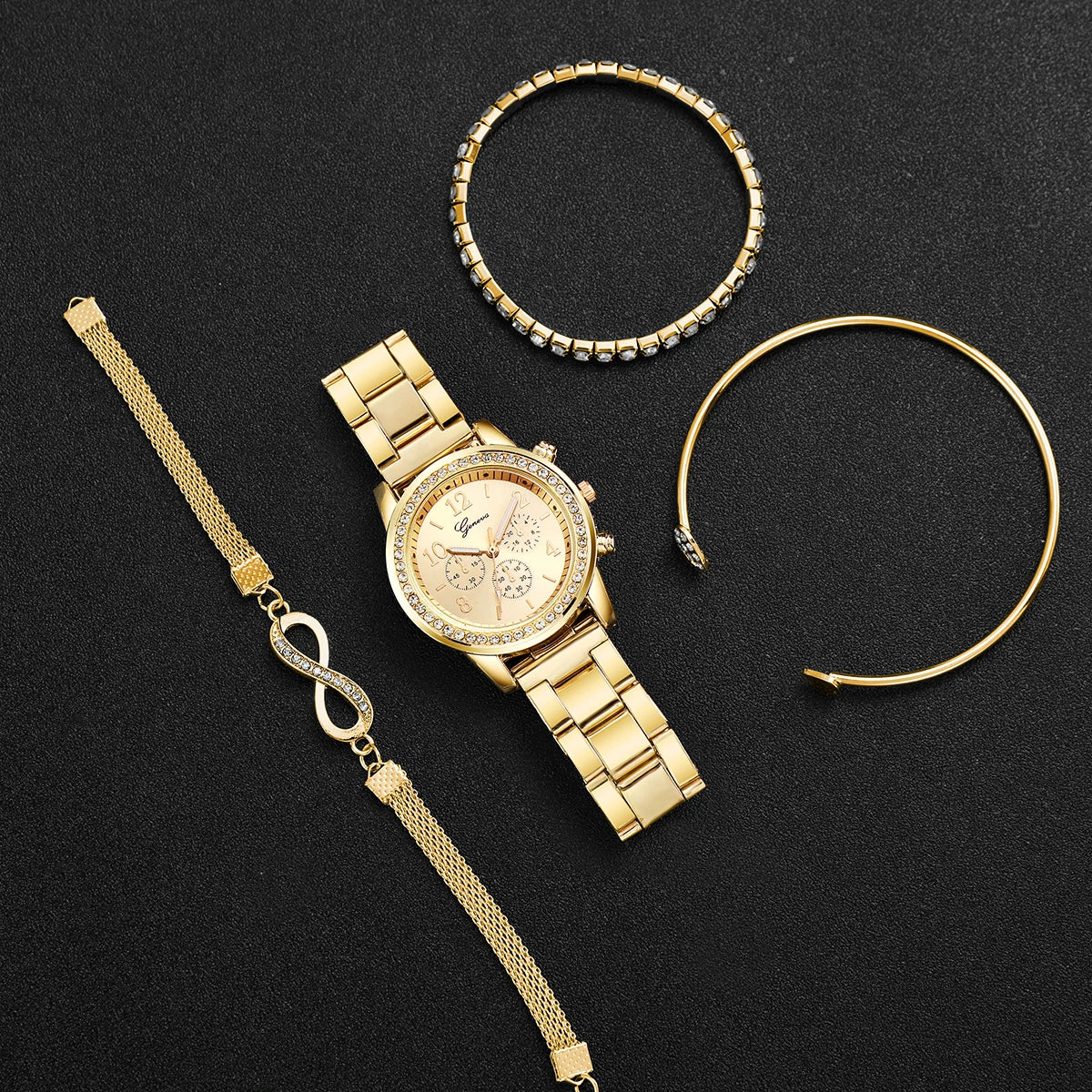 4PCS Fashion Women Watch Luxury Rhinestone Steel Band Ladies Quartz Watch Bracelet Set Relogio Feminino（Without Box）