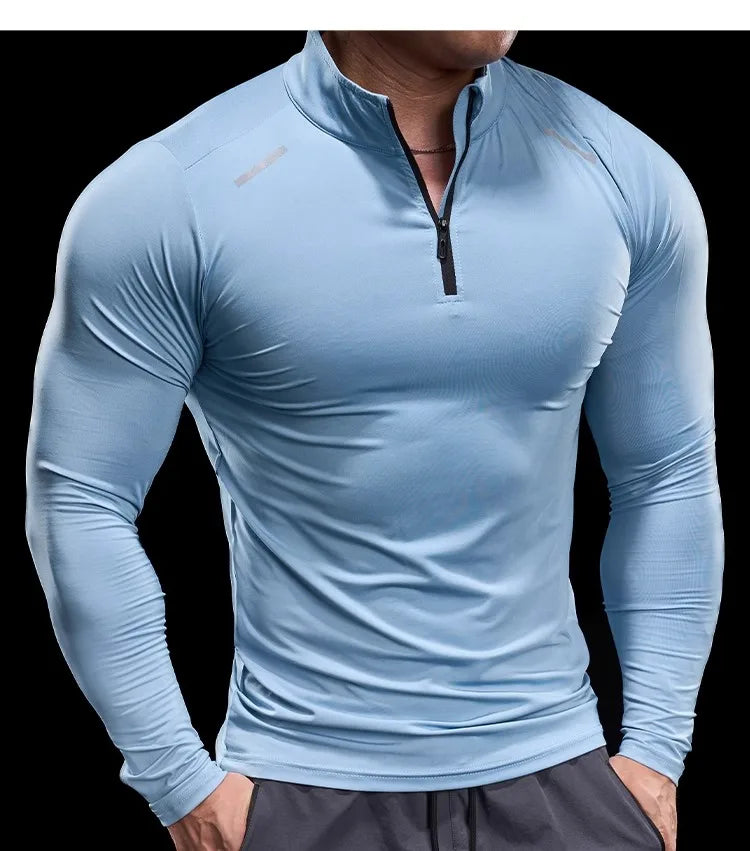 Men Long Sleeve Stand Collar Zipper T-shirt Gym Running Training Fitness Bodybuilding Sport Top Quality Elastic Tight Tops Tees