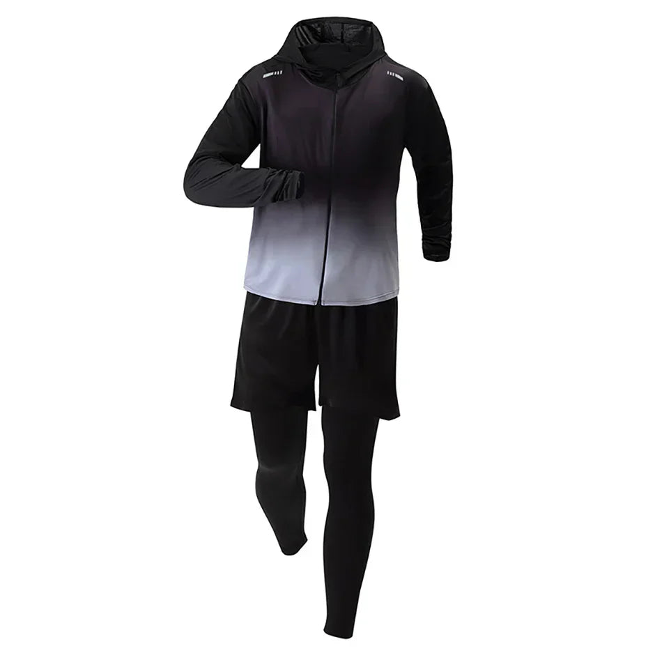 5-Piece Men's Quick-drying Sports Suit Fitness Running Tight Elastic Trousers With Cap Gradient Coat Round Neck Casual T-shirt