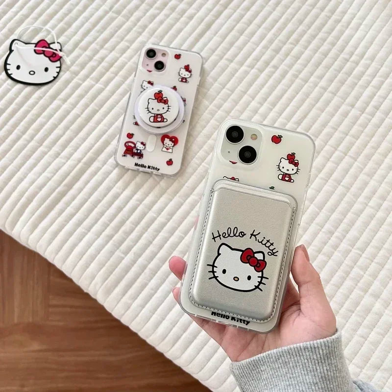 Cute Sanrio Hello Kitty Magnetic Card Wallet Holder Magsafe Wireless Charge Phone Case For iPhone 17 16 15 14 13 Pro Max Cover