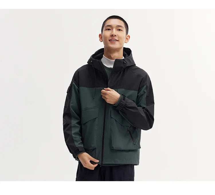 Three-proof Jacket Men Autumn Outdoor Color Block Hooded Windbreaker Large Pocket Workwear Trendy Coat