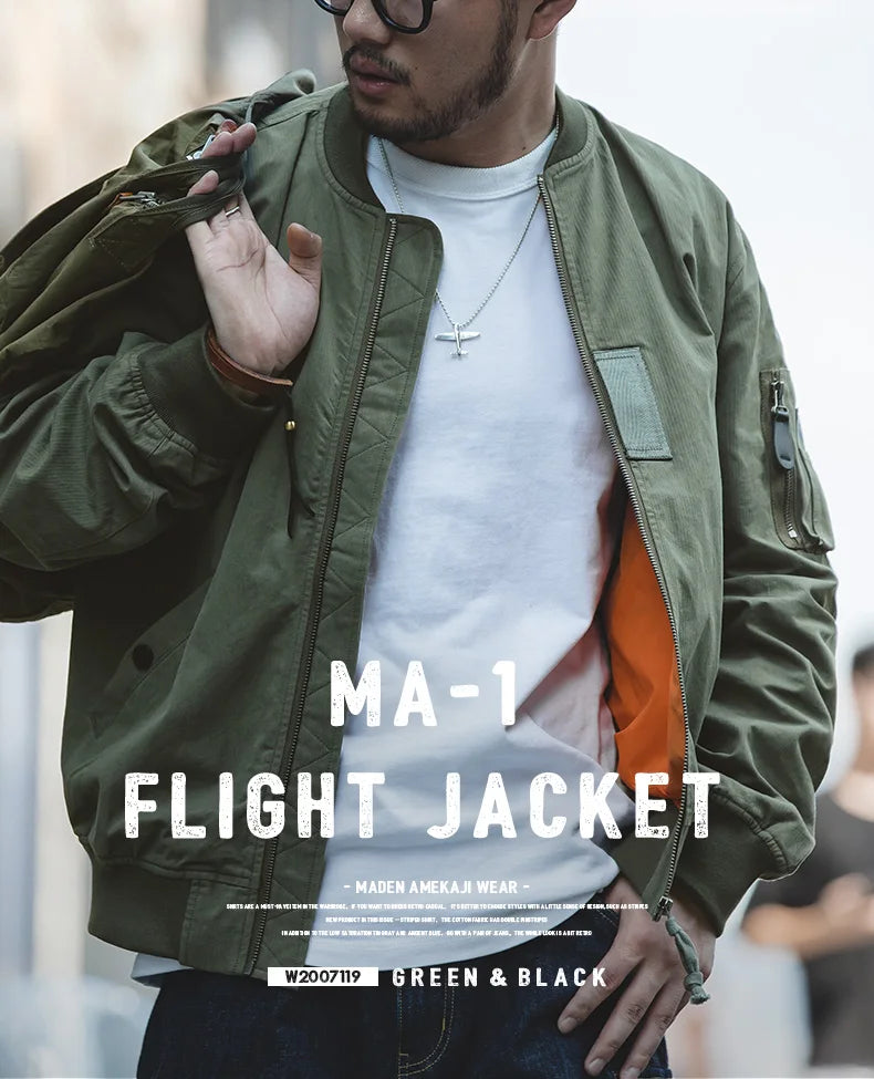 Retro MA1 Bomber Flight Jackets Green Windproof Pilot Jacket Casual Motorcycle Baseball Coat for Men's Spring and Autumn