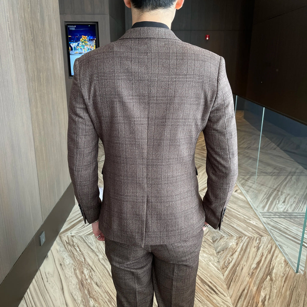 British Modified Plaid Three-Piece Suit for Men - Stylish Business Casual Suit Vest And Trousers Set
