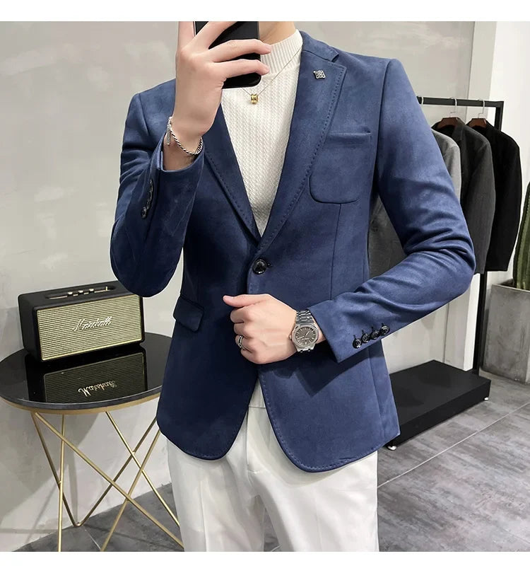 Plus Size 4XL-M Autumn Deerskin Velvet Jackets Blazer 6 Color Men Business Slim Blazers Hommes Casual Wedding Tuxedo Suit Coat