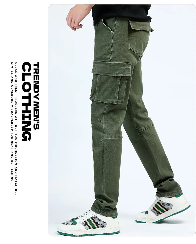 Men's Street Style Elastic Waist Denim Cargo Pants Solid Color Washed Slim Fit Casual Jeans with Multiple Pockets for Daily Wear