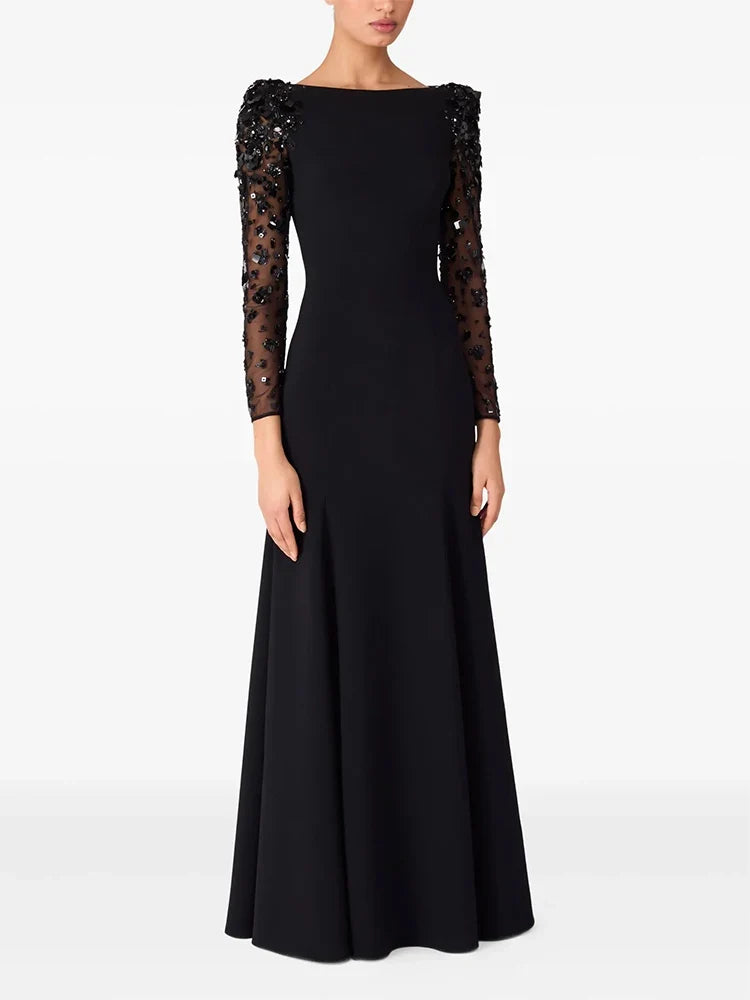 HIGH STREET Newest Fashion 2026 Designer Party Vestido Women's Spliced Mesh Diamonds Beaded Long Sleeved Maxi Long Dress