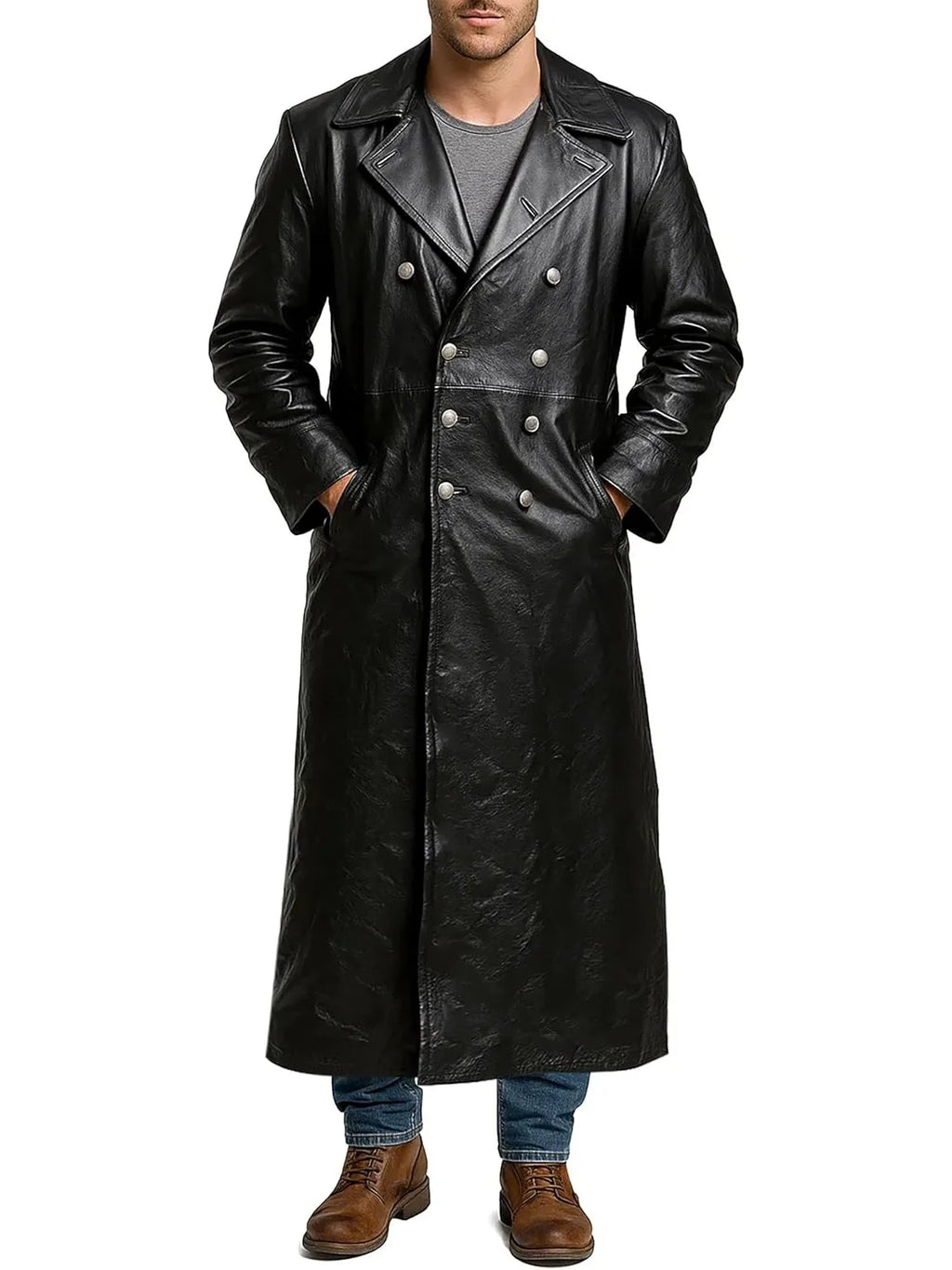 Men's Black Leather Long Trench Coat Marine Imperial Navy U-Boat Submarine Captain Brown Leather Jacket