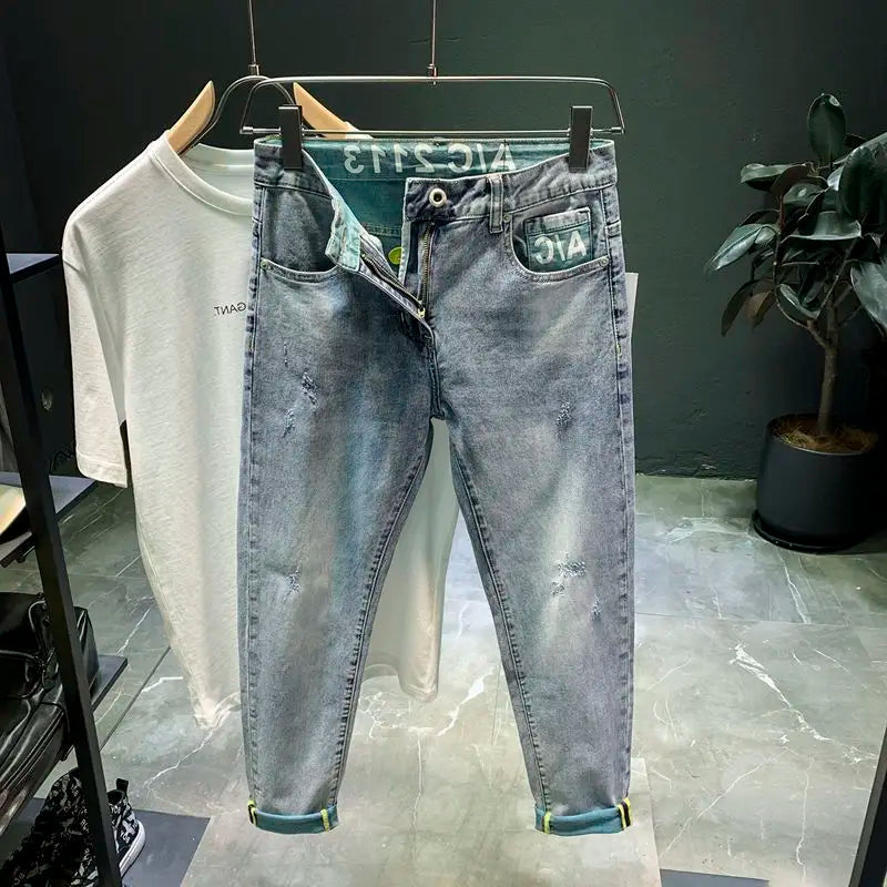 High-end 2023 Harajuku Designer Clothes Denim New Trousers Kpop Stretch Trendy Korean-style with Our Luxury Men's Casual Jeans